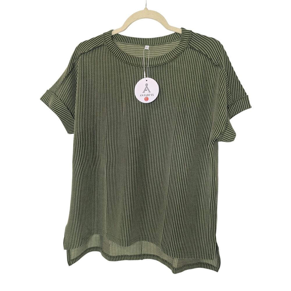 Anrabess Green Ribbed Short Sleeve Casual T Shirt Womens Size Large